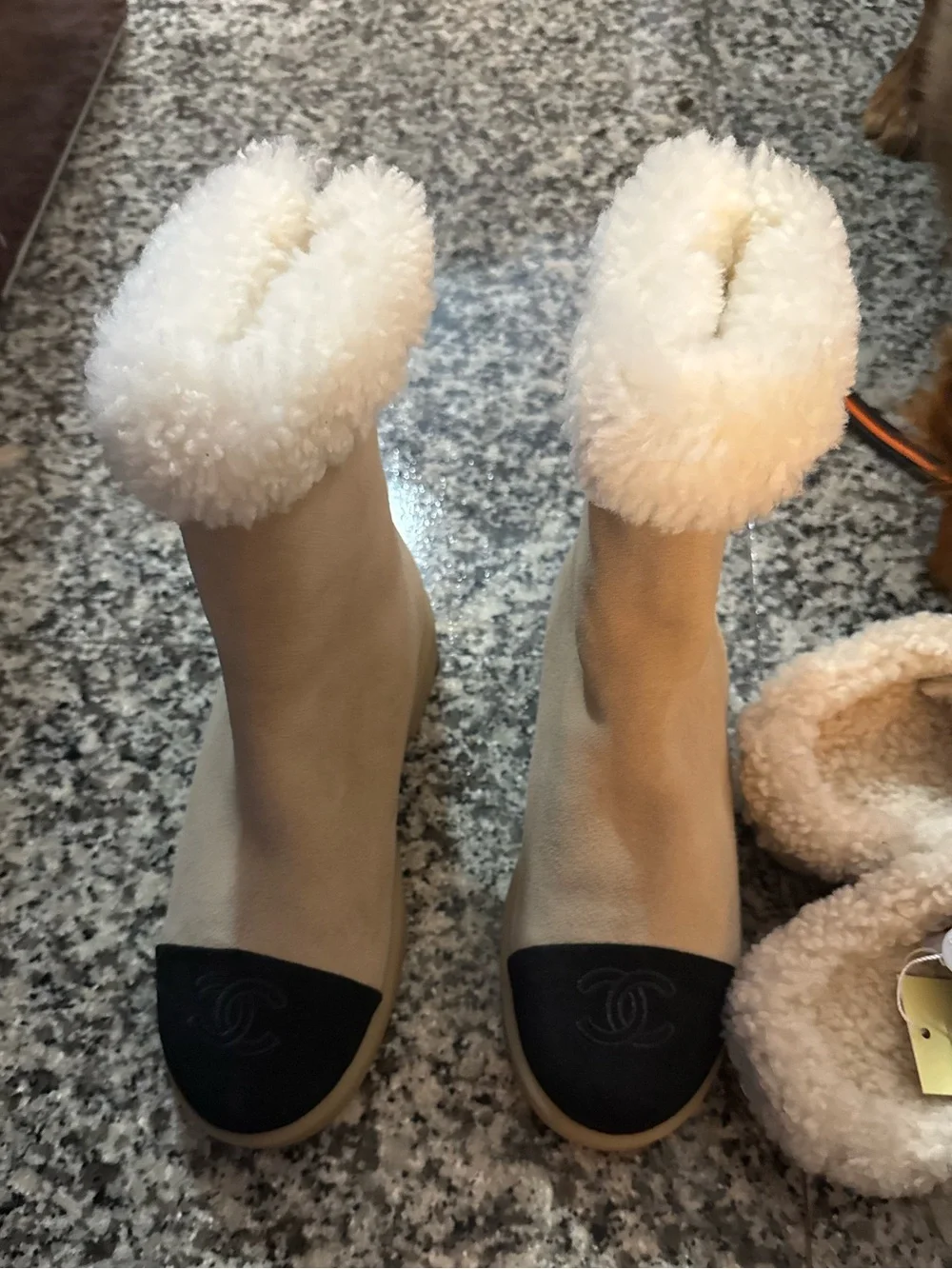 CHANEL Beige Stretch Boots with White Shearling Cuff and Black Cap Toe